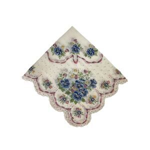 1960s Tulip Bouquets & Wreathes Pink Ribbons Cotton Floral  Lady's Handkerchief